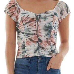 Juniors' Ruched Tie-Dyed Mesh Top Size L (Juniors)